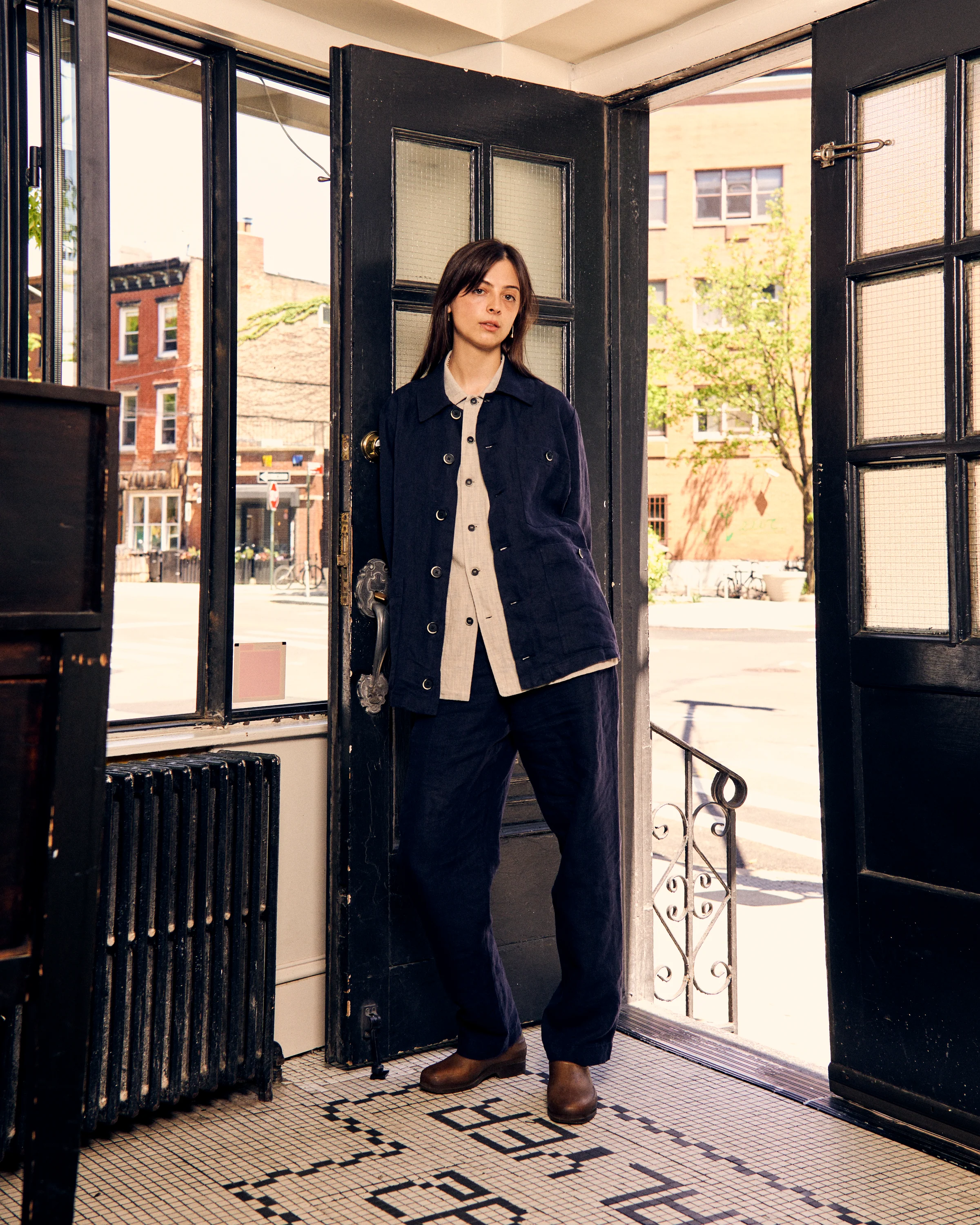 Canasta Trousers Navy Linen Herringbone - Image 3