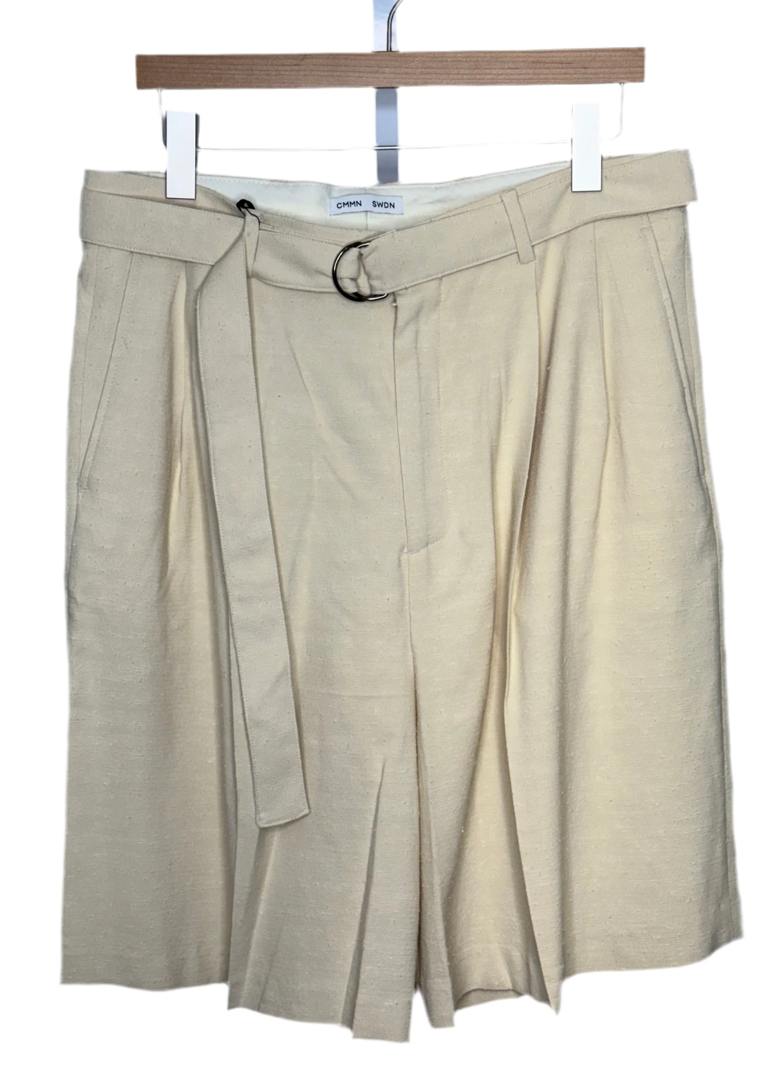 Marshall Double Pleated Belted Wide Leg Short Textured Cream