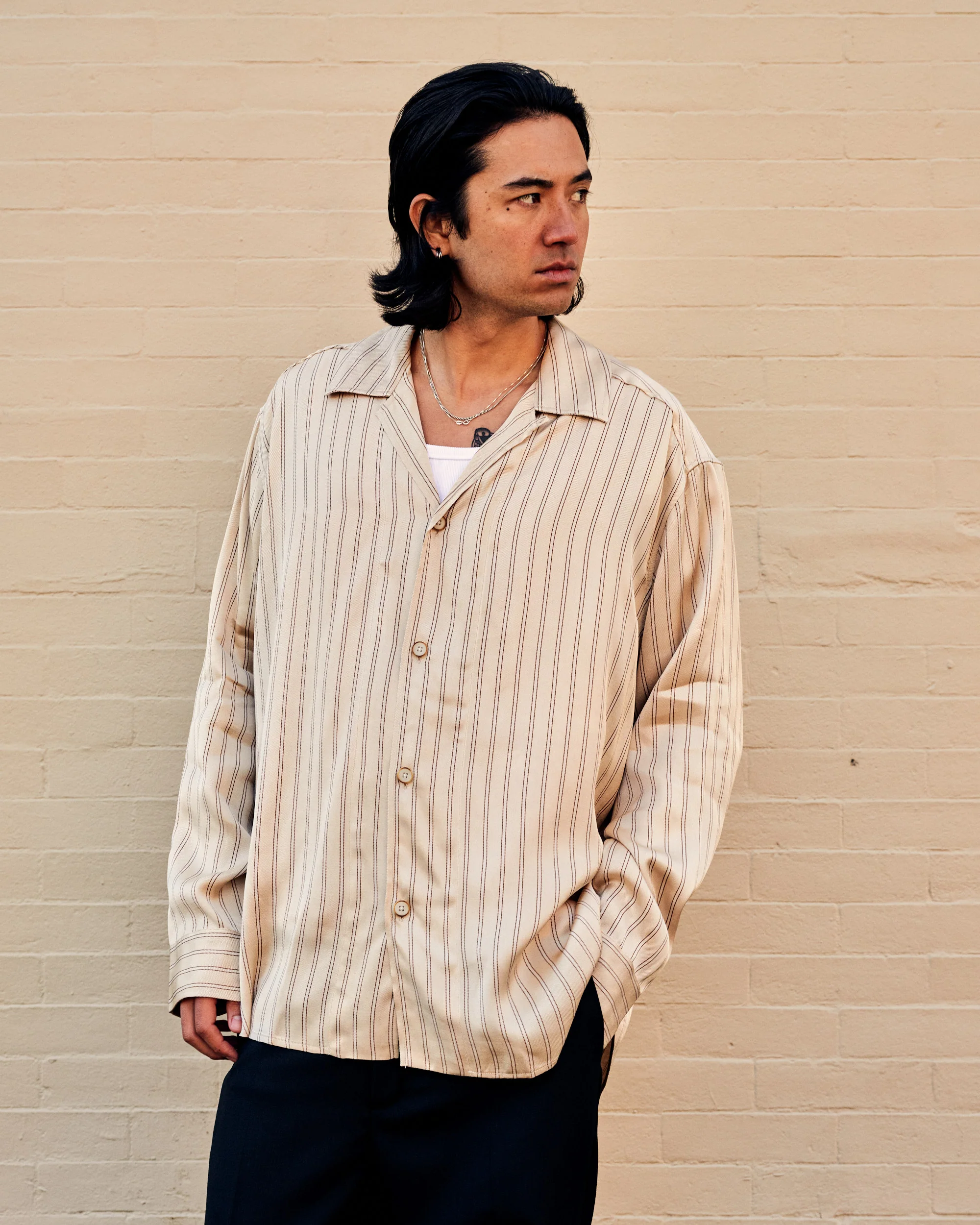 Rhodes Long Sleeve Open Collar Beige Stripe - Image 2