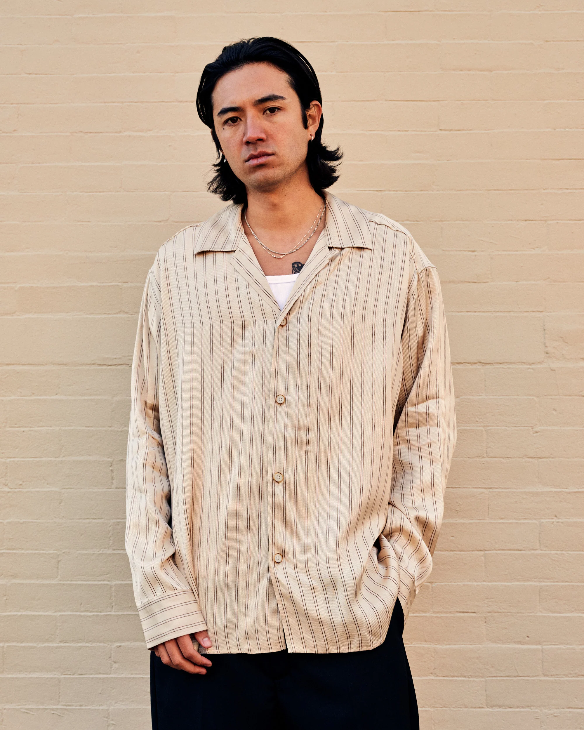 Rhodes Long Sleeve Open Collar Beige Stripe - Image 4
