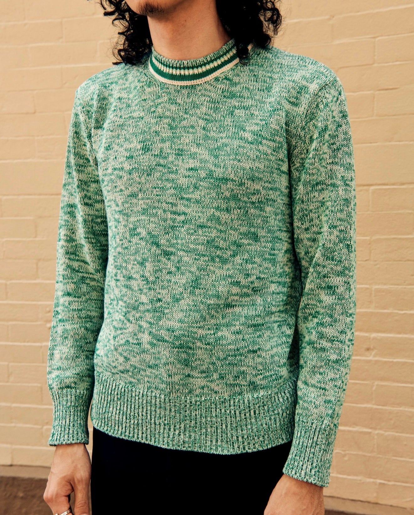 Round Neck Cotton Knit Sweater Green White - Image 2