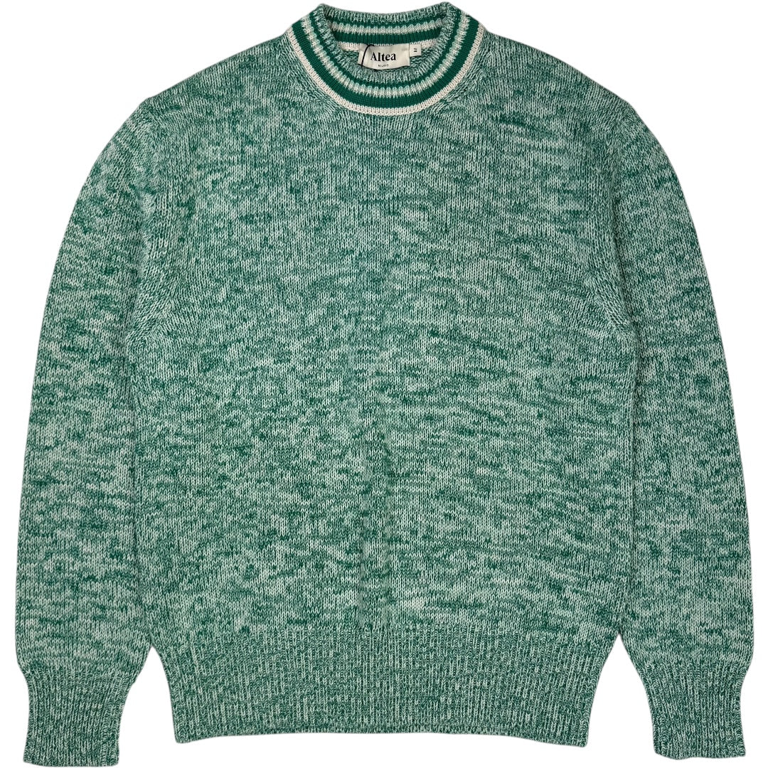 Round Neck Cotton Knit Sweater Green White - Image 3