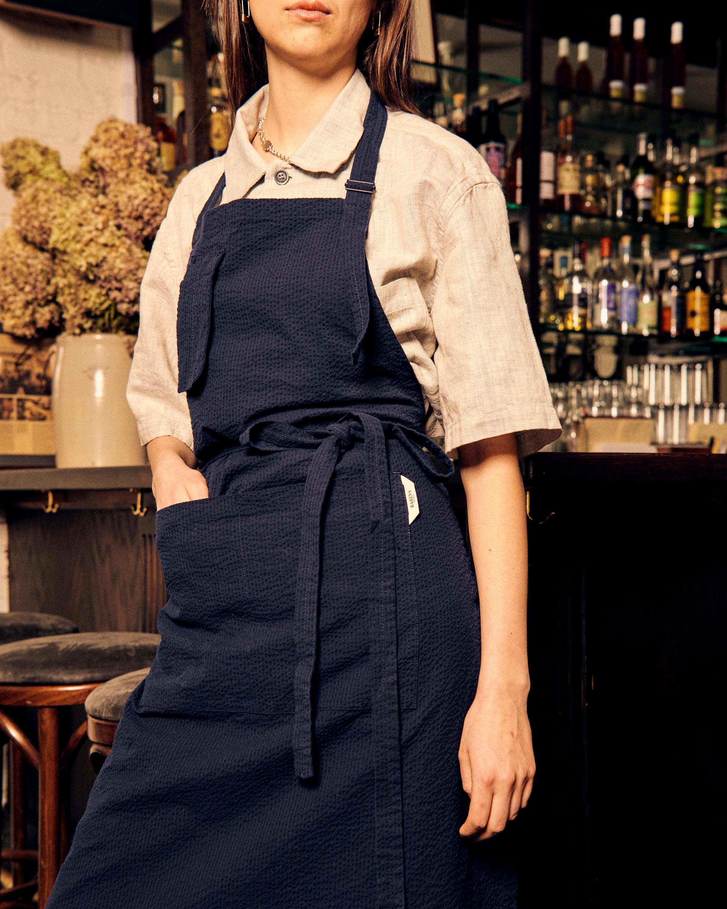 Work Apron Navy Cotton Seersucker - Image 3
